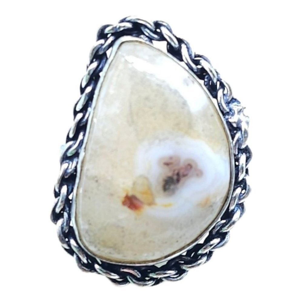 Silver Plated Beige Quartz Gemstone Dome Ring Silver Tone Vintage Size 8